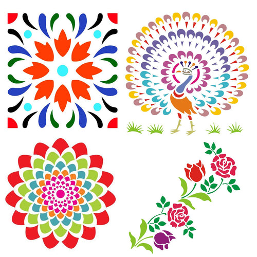 Combo of Rangoli Stencils for Diwali Floor Decoration Items with 6 Colors (Set of 5)