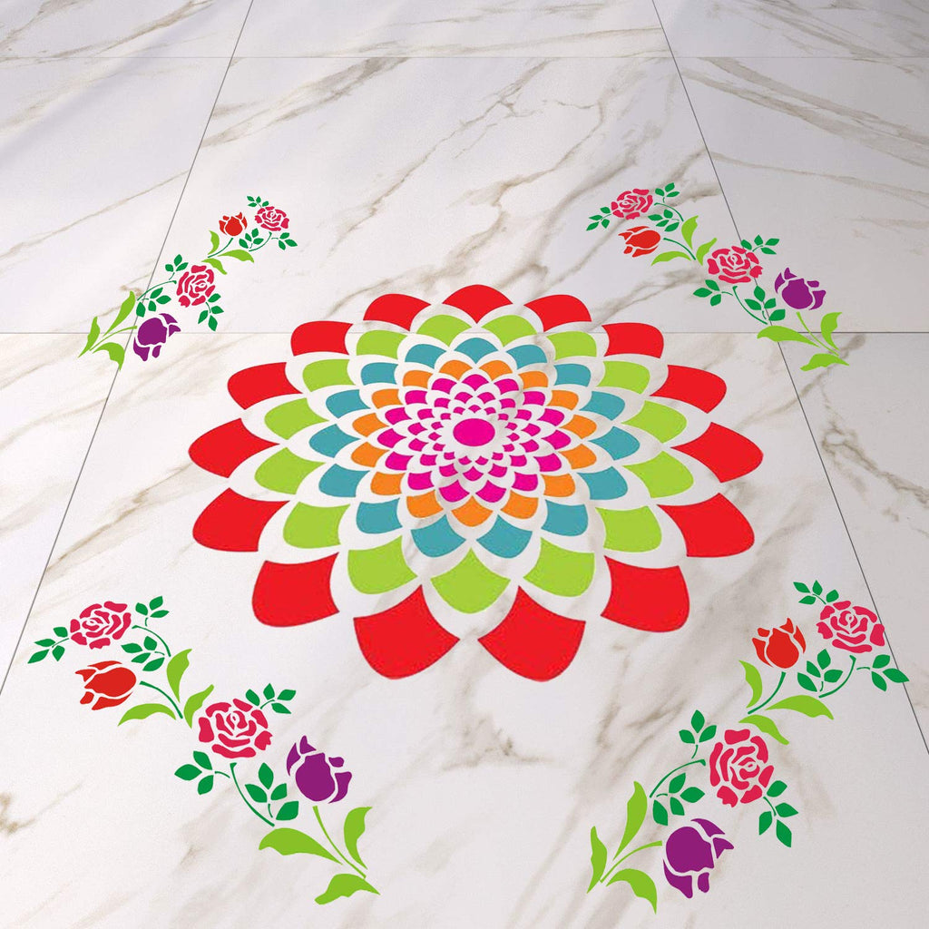 Combo of Rangoli Stencils for Diwali Floor Decoration Items with 6 Colors (Set of 5)