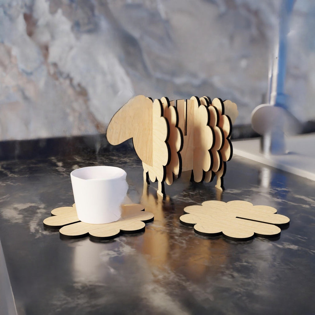 Stylish Sheep Design Coaster - Wooden Coaster Set of 5