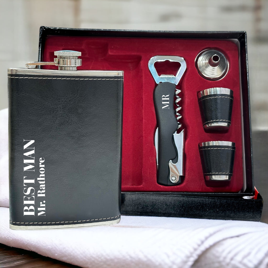 Personalized Name Black Leather Hip Flask Set With Opener