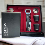 Personalized Name Black Leather Hip Flask Set With Opener