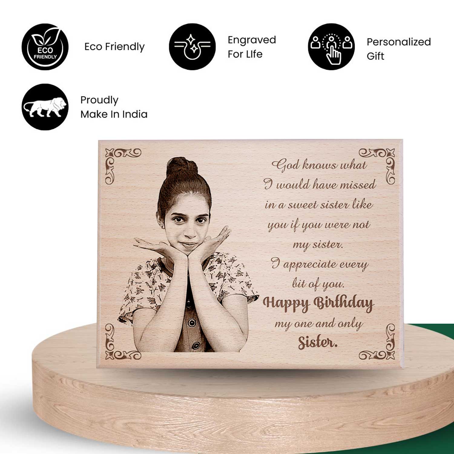Personalized Engraved Wooden Photo Frame for Sister on her Birthday