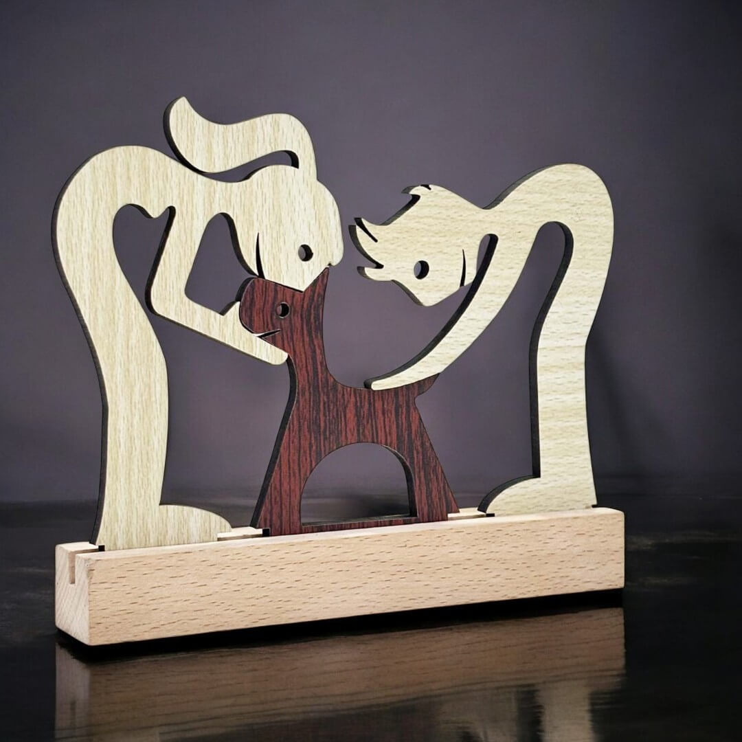 Girl & Boy with Puppy Decorative Wooden Sculpture for Pet Lovers