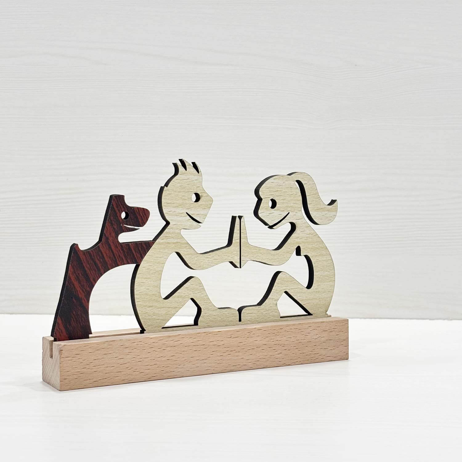 Girl & Boy with Puppy Decorative Wooden Sculpture for Pet Lovers