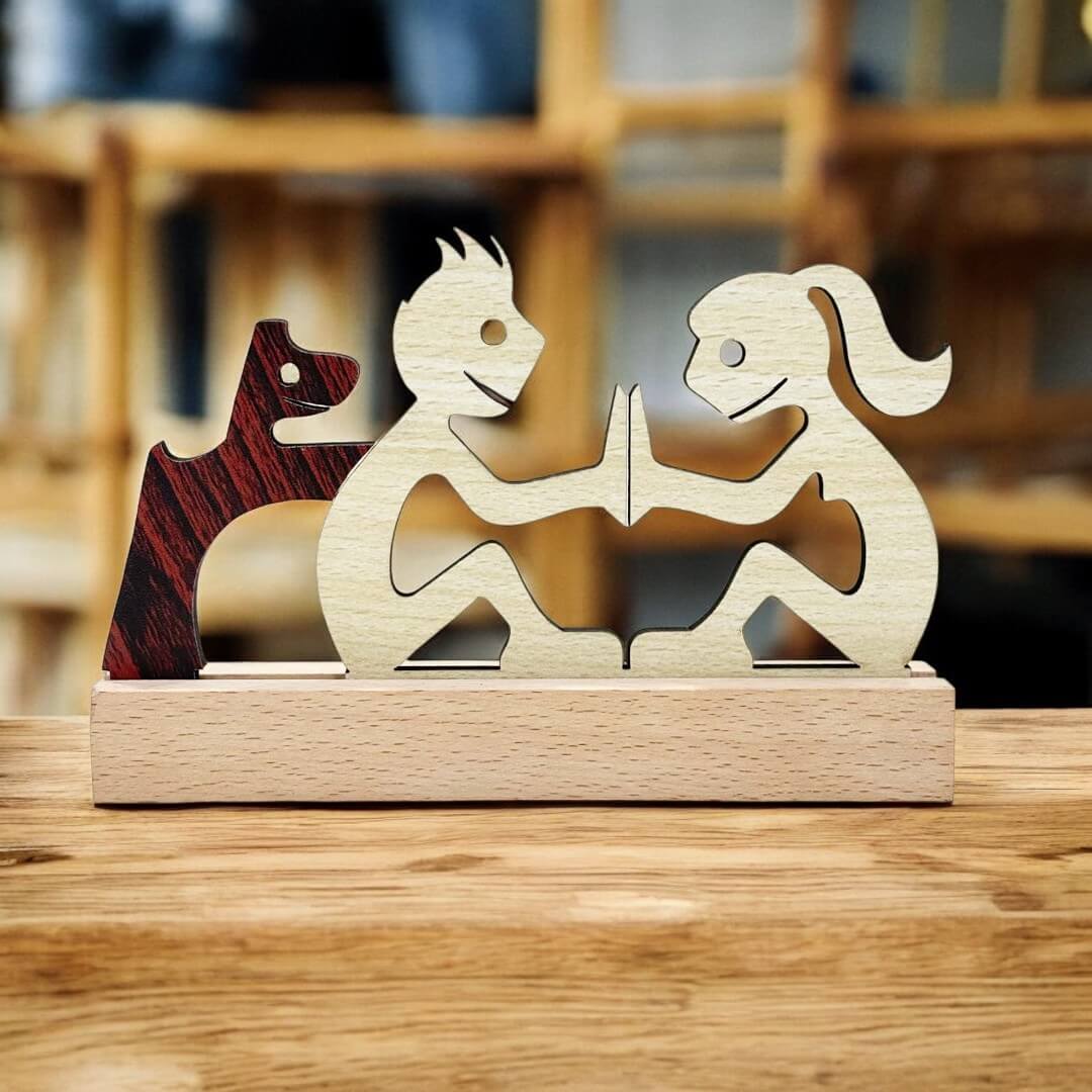 Girl & Boy with Puppy Decorative Wooden Sculpture for Pet Lovers