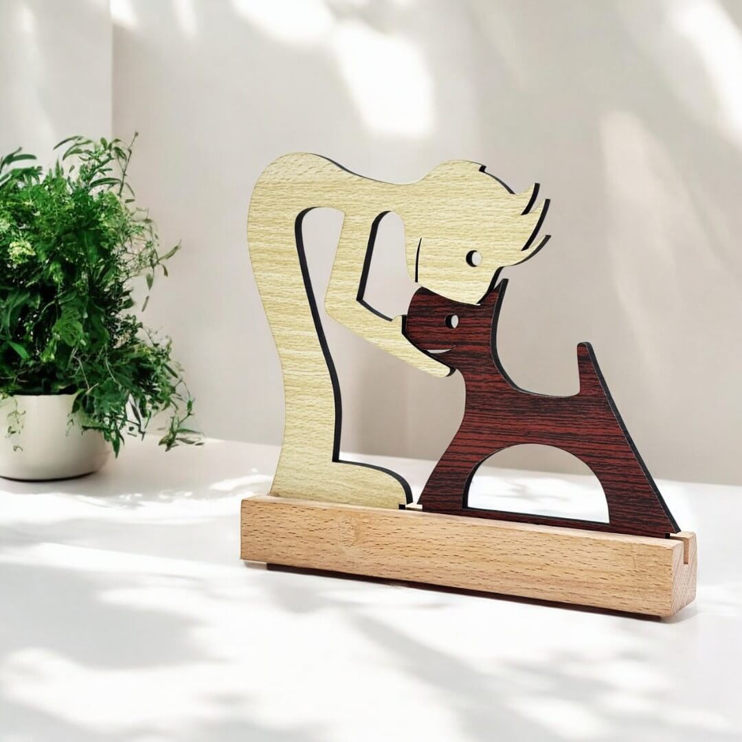 Boy with Puppy Premium Wooden Sculpture For Pet Lover