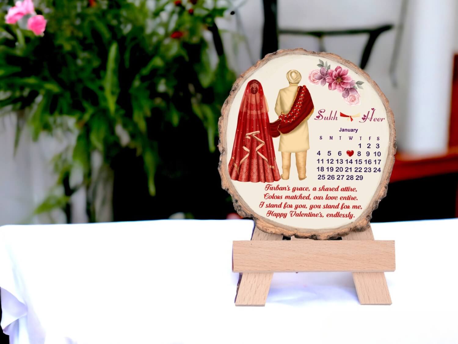 Personalized Slice Wood Wedding Calendar Couple Frame With Text