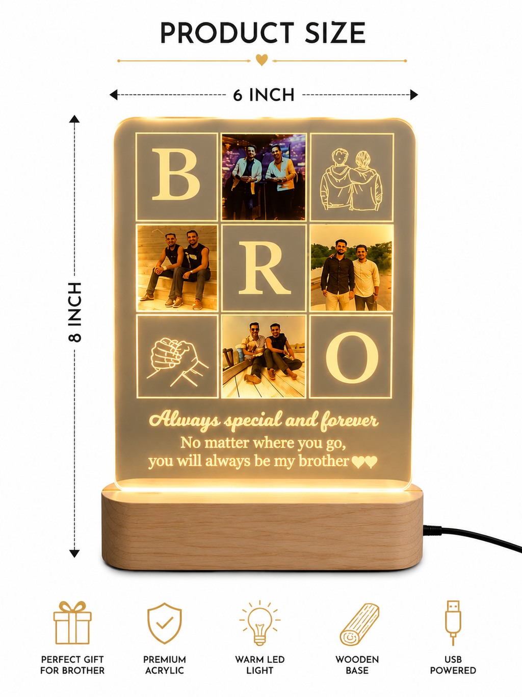 Personalized Brother Acrylic Photo LED Light – Custom Photo Collage & Name Engraved