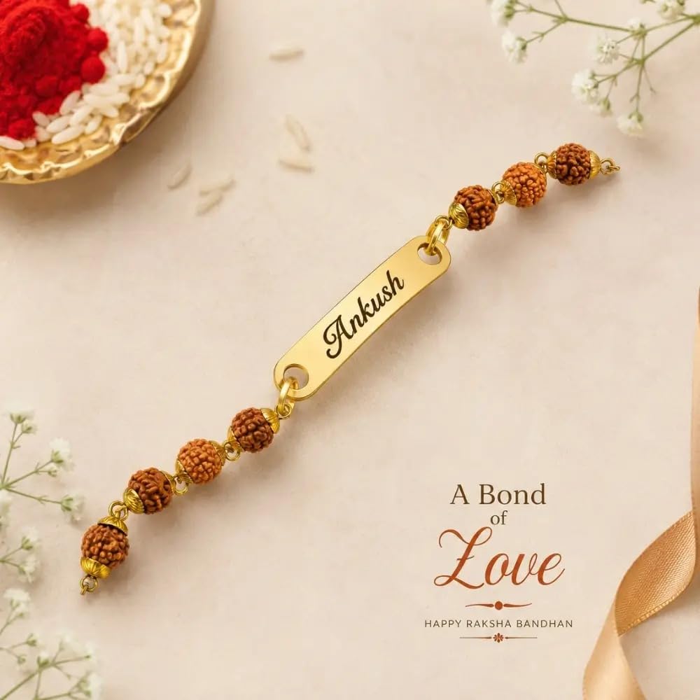 Personalized Name Rudraksha Rakhi – Custom Engraved Gold Finish Metal Bracelet