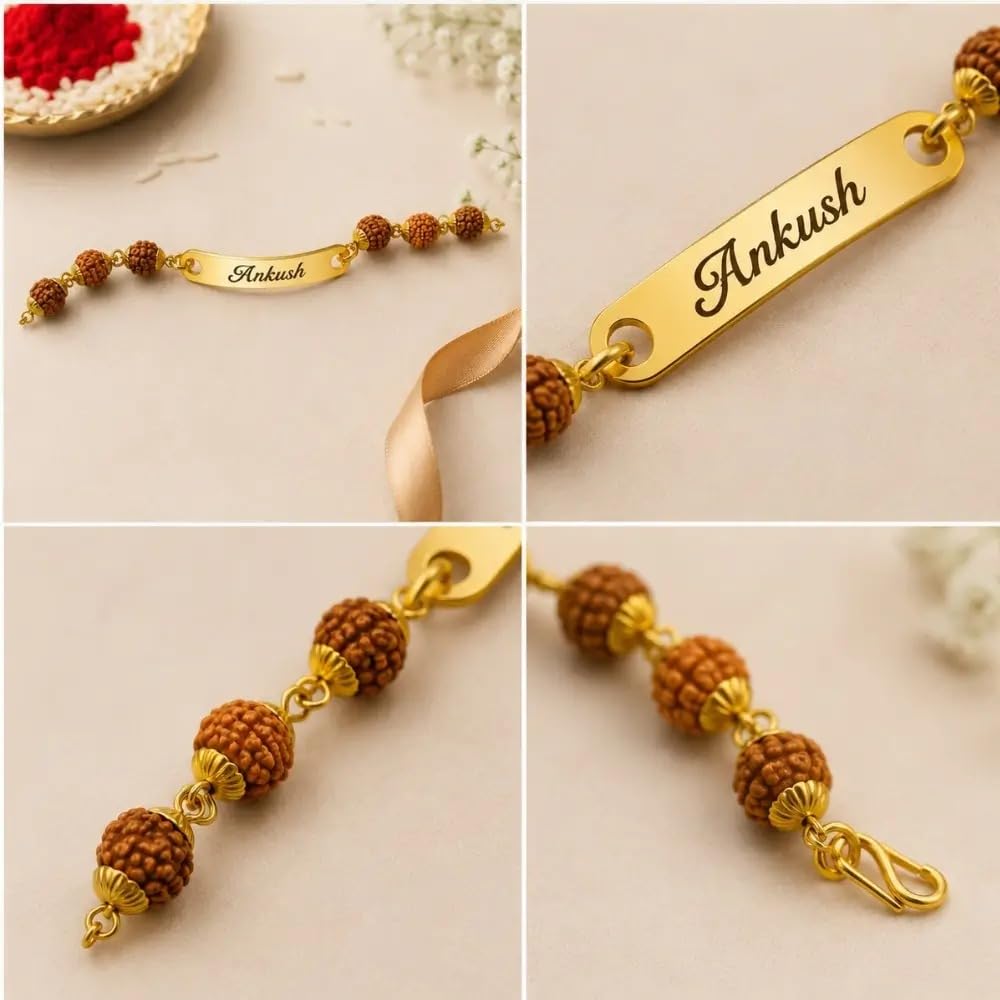Personalized Name Rudraksha Rakhi – Custom Engraved Gold Finish Metal Bracelet