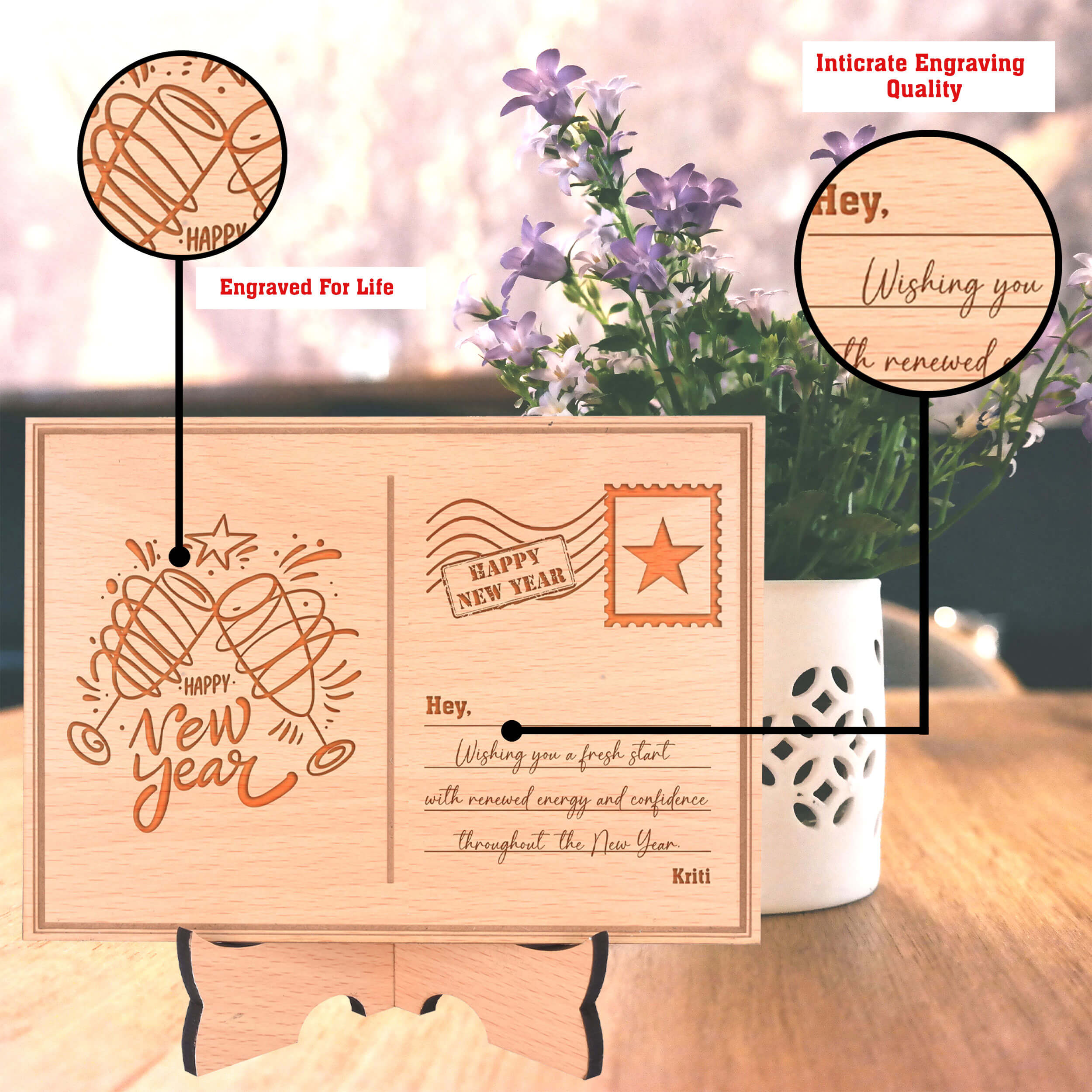 Personalized Wooden Happy New Year Postcard With Wood Stand
