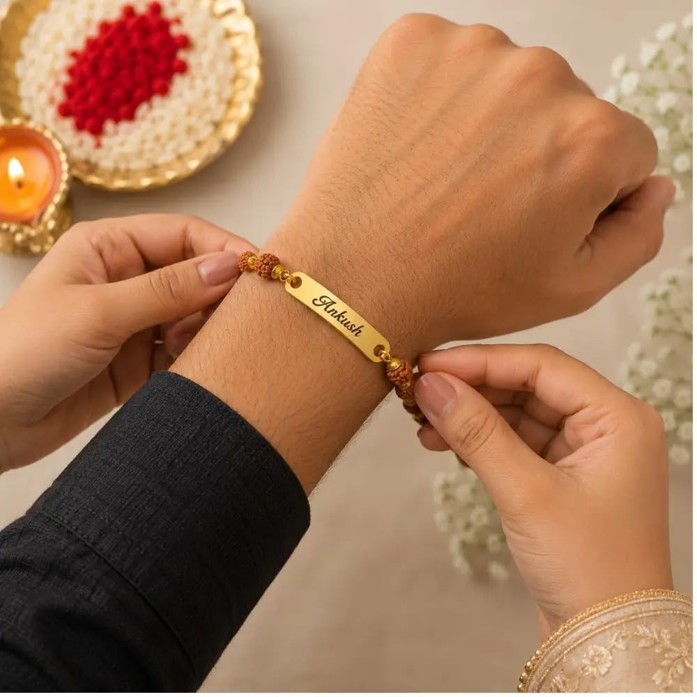Personalized Name Rudraksha Rakhi – Custom Engraved Gold Finish Metal Bracelet