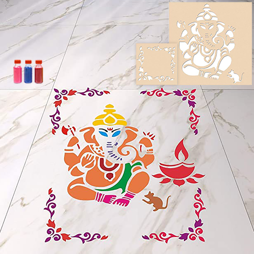 Ganesha with Corner - Rangoli Stencil Combo with Six Rangoli Colors