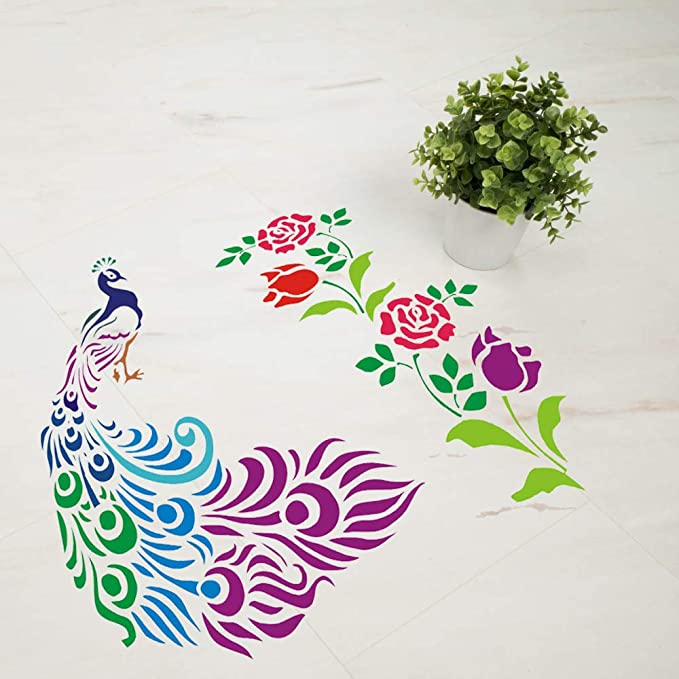 Rangoli Stencils Set of 5 for Floor Diwali Decoration with 6 Colors