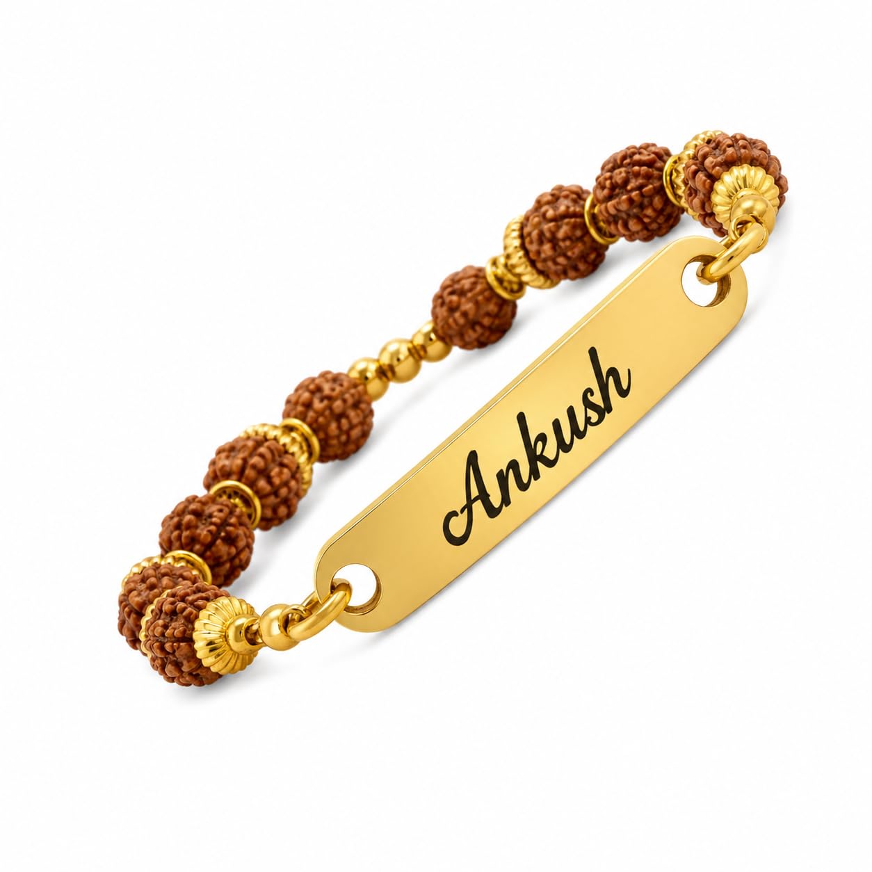 Personalized Name Rudraksha Rakhi – Custom Engraved Gold Finish Metal Bracelet