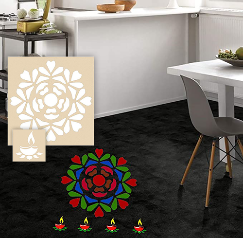 DIY Flower Rangoli with Diya - Wooden Rangoli Stencils