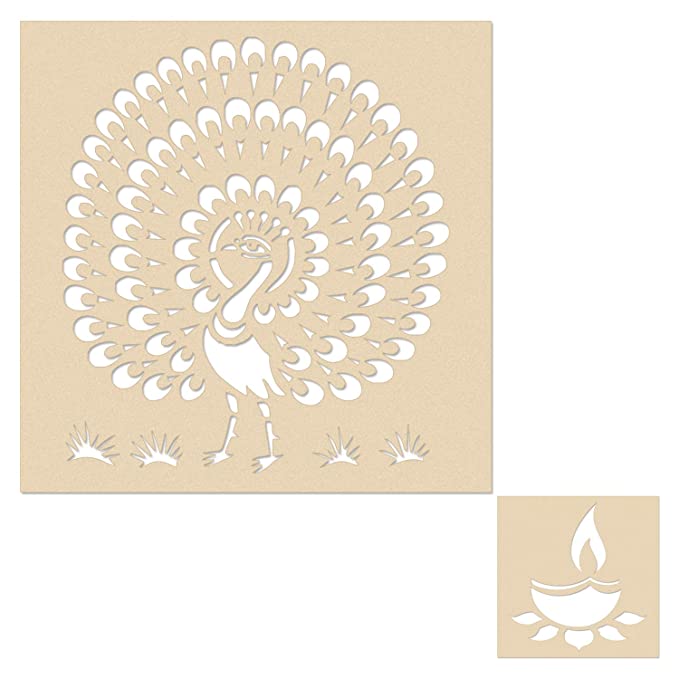 Peacock Rangoli Design - Wood Rangoli Stencil with Diya