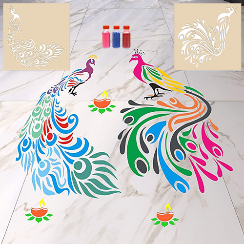Peacock Rangoli Stencil Floor Decoration with Six Rangoli Colors