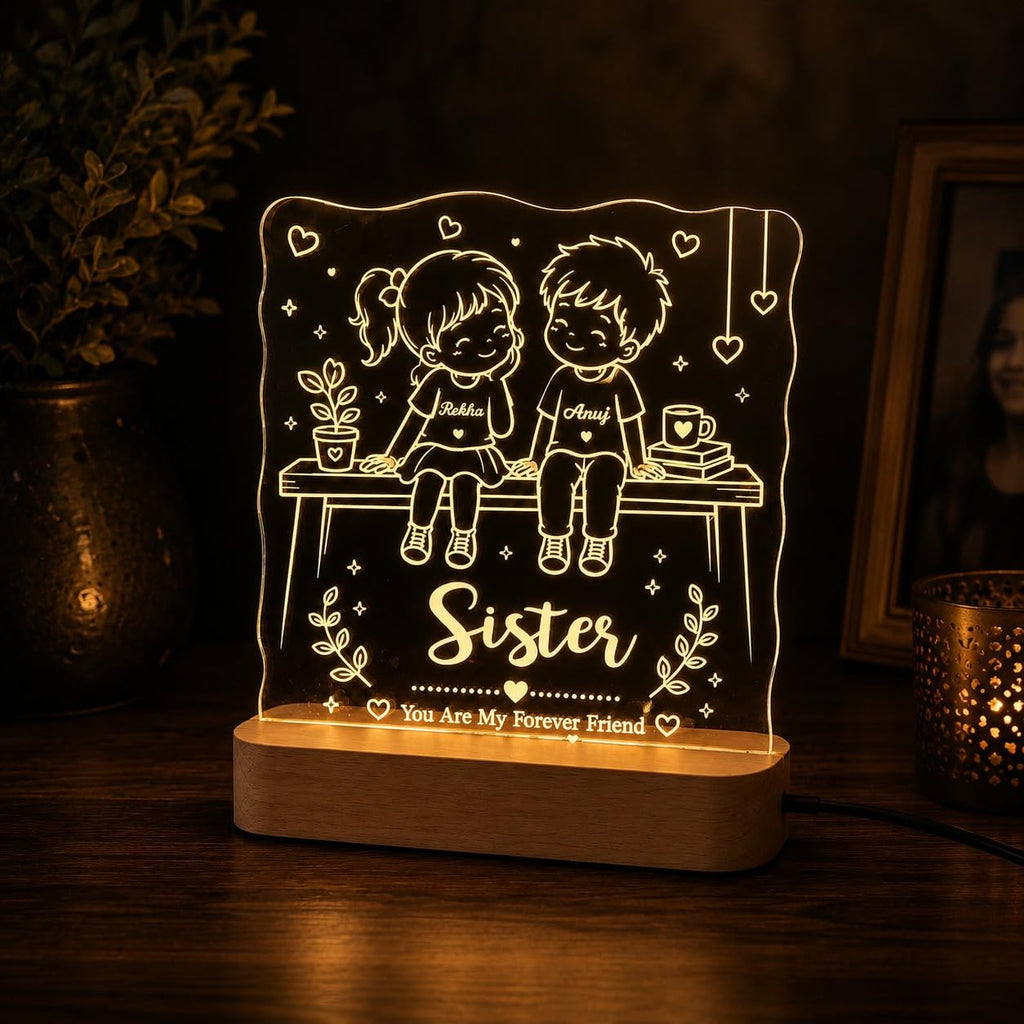 Personalized BroSis Acrylic LED Lamp – Custom Brother Sister Name Engraved Light