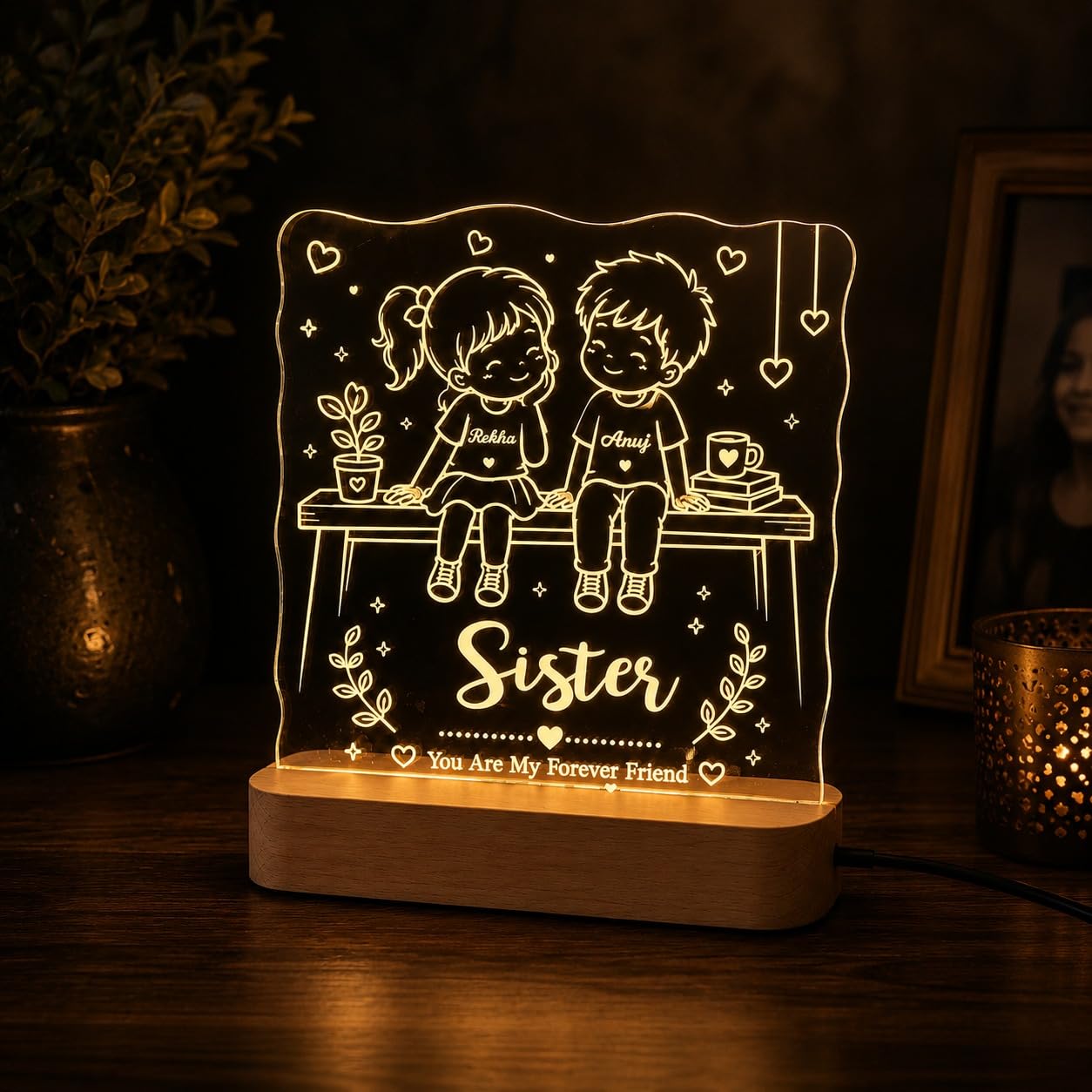 Personalized BroSis Acrylic LED Lamp – Custom Brother Sister Name Engraved Light