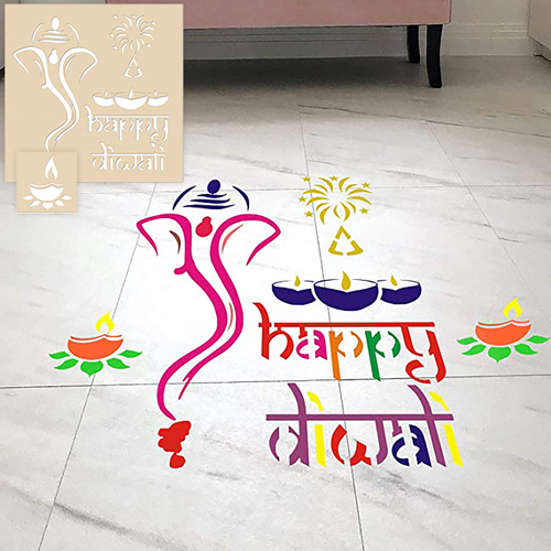 Wooden Rangoli Stencils - Ganpati and Happy Diwali Set