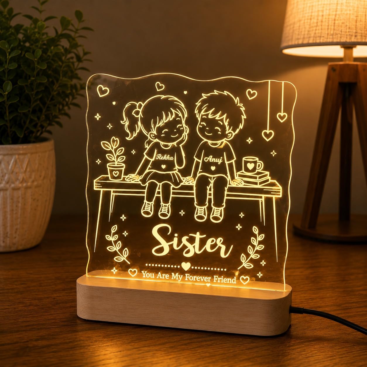 Personalized BroSis Acrylic LED Lamp – Custom Brother Sister Name Engraved Light