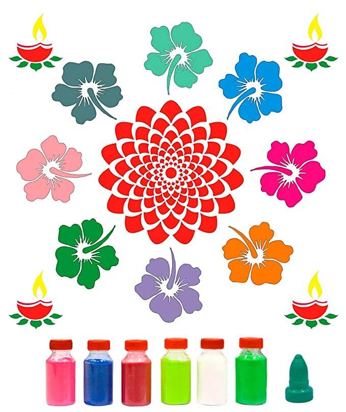 Flower With Diya Rangoli Stencils with Six Rangoli Colors