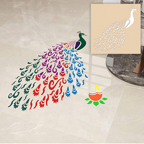 Peacock Diya Rangoli Stencils - DIY Wooden Stencils with 6 Colors