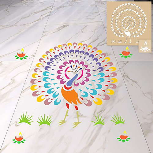 Peacock Rangoli Design - Wood Rangoli Stencil with Diya