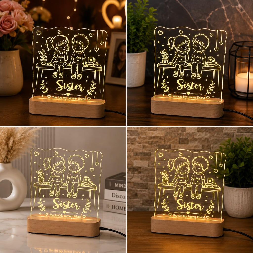 Personalized BroSis Acrylic LED Lamp – Custom Brother Sister Name Engraved Light