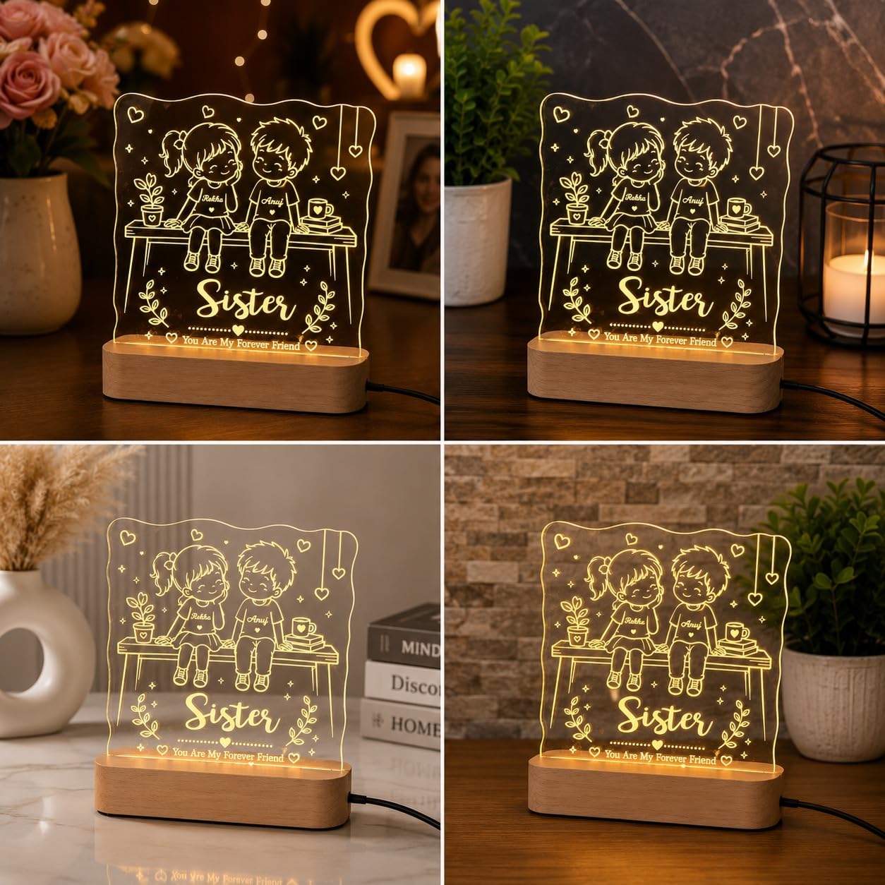 Personalized BroSis Acrylic LED Lamp – Custom Brother Sister Name Engraved Light