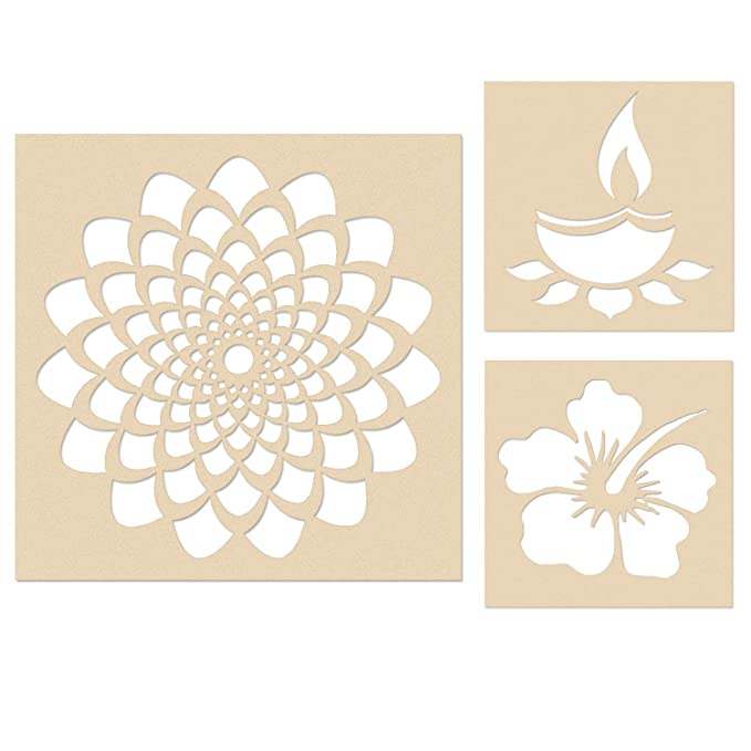 Flower With Diya Rangoli Stencils with Six Rangoli Colors