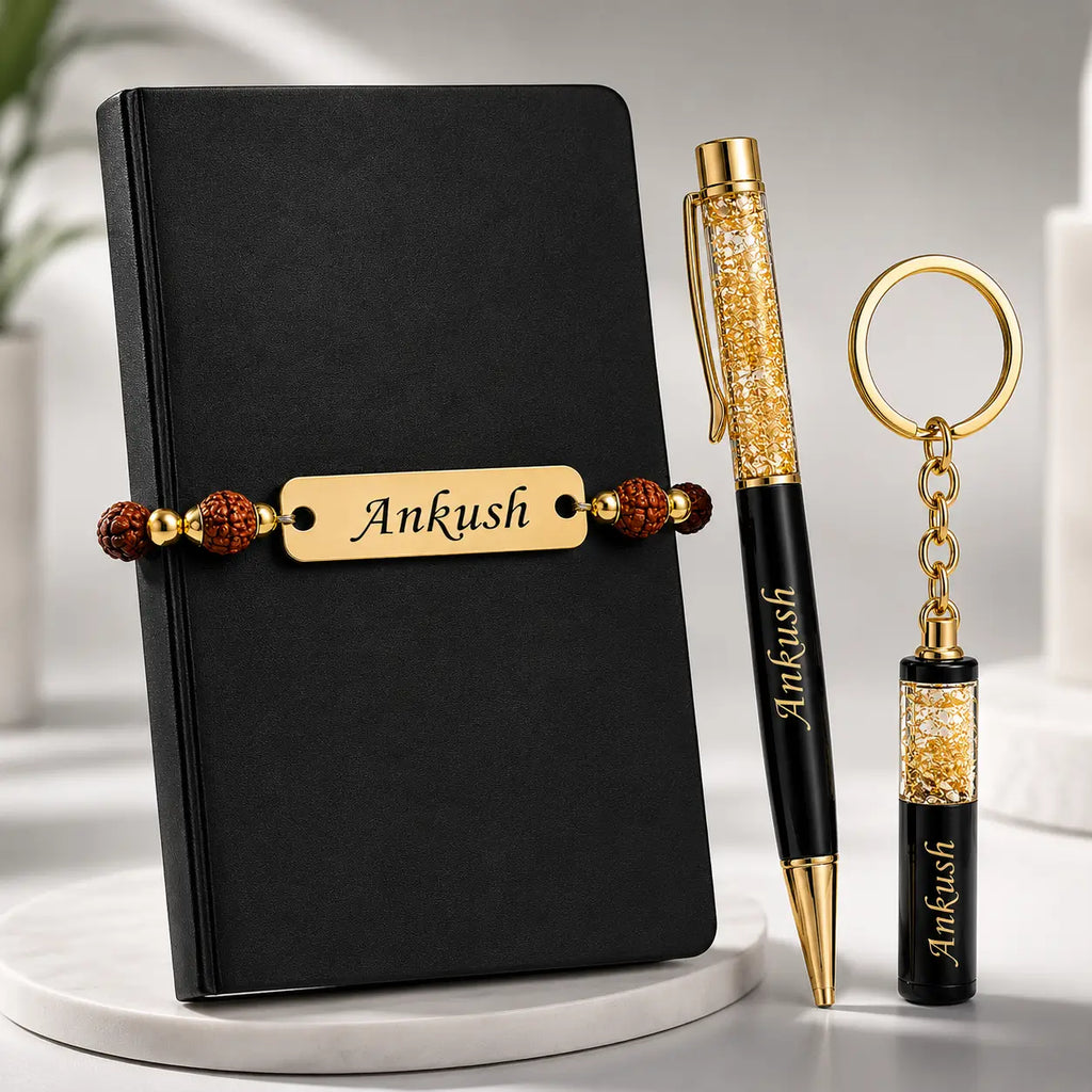 Personalized Premium Gift Set for Brother | Custom Name Bracelet Rakhi, Pen & Keychain | Unique Raksha Bandhan Gift for Brother Sister