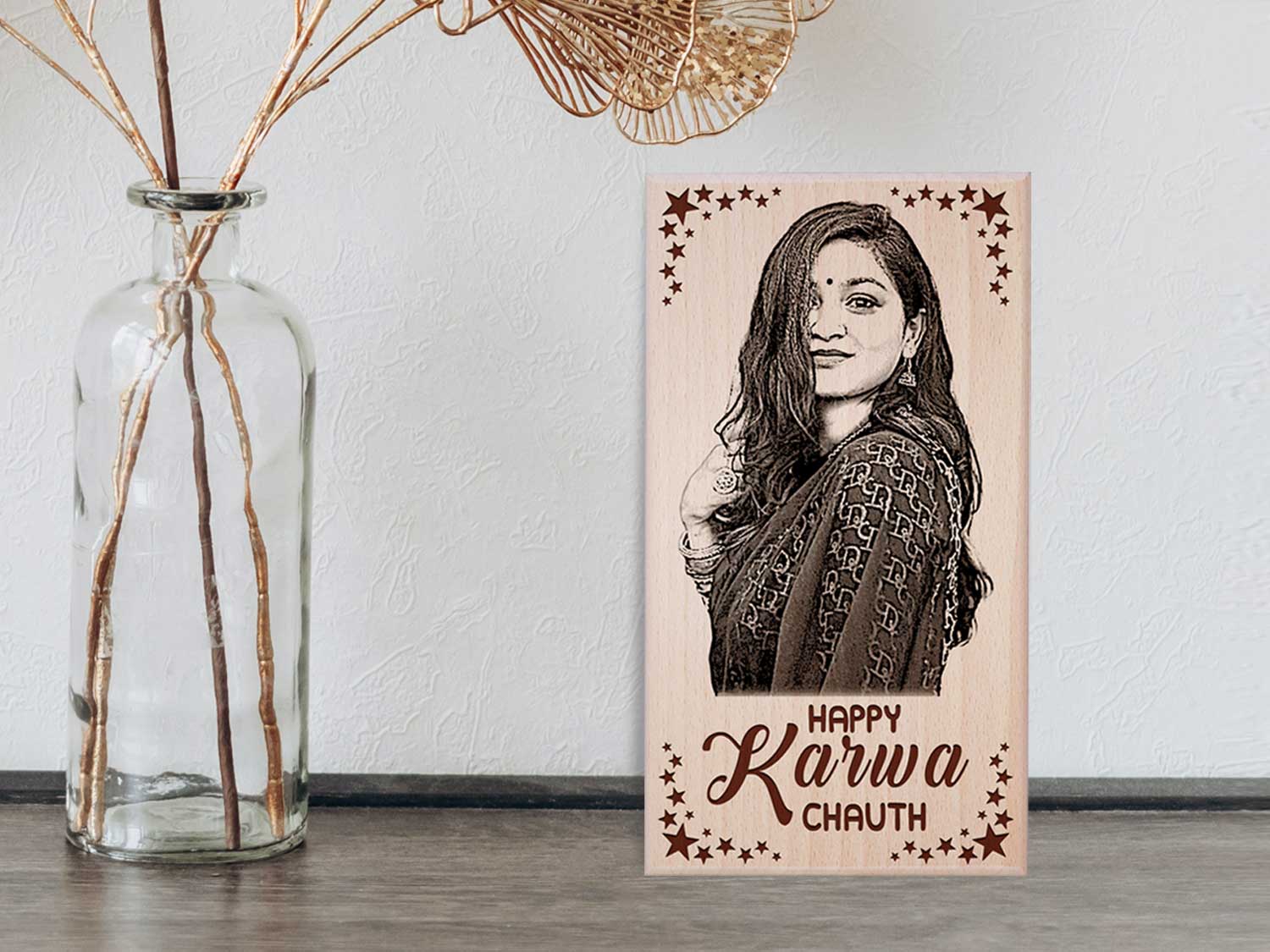 Karwachauth Personalized Engraved Wooden Photo Frame Gift For Lovely Wife