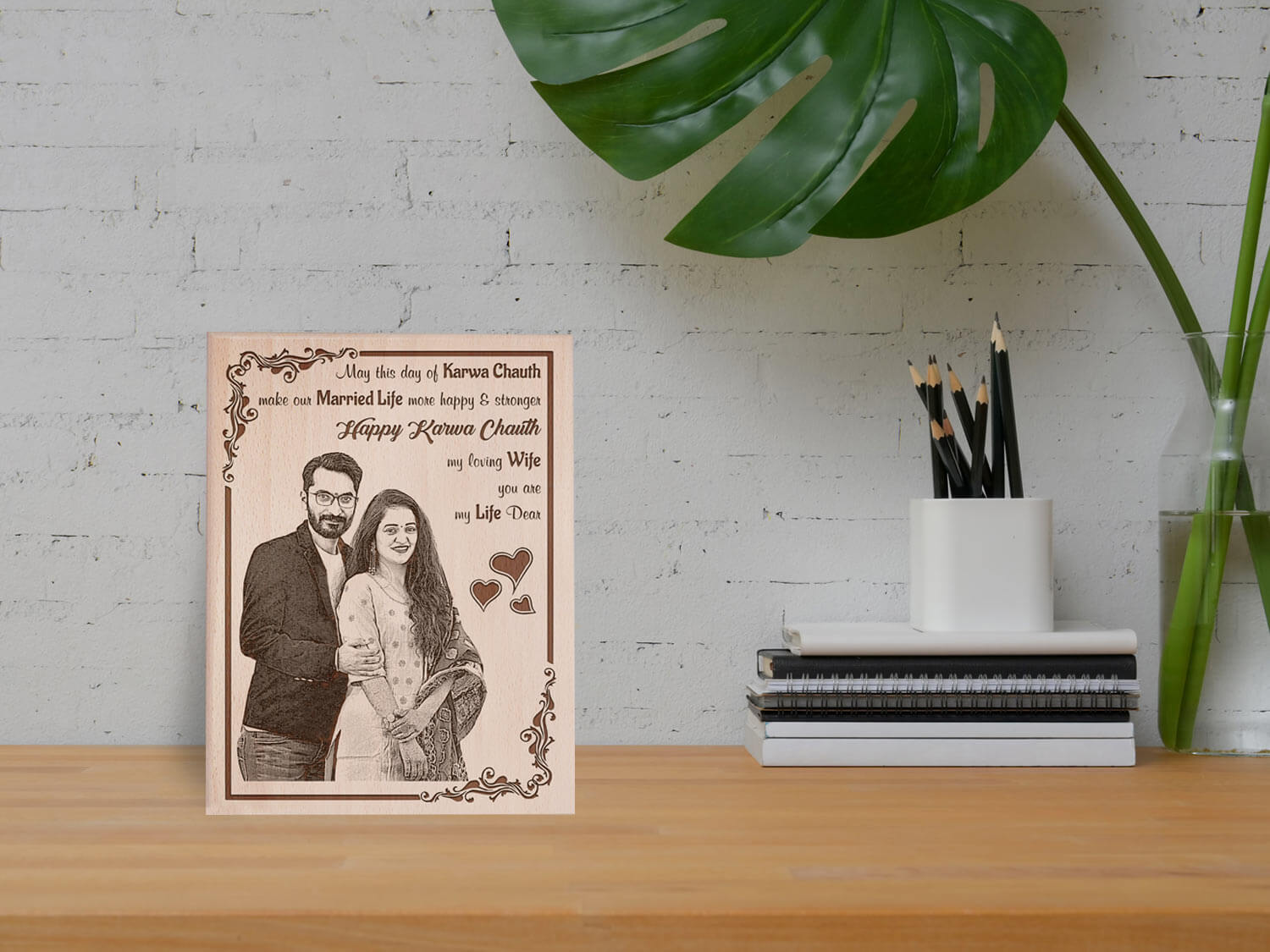 Customized Engraved Wooden Photo Frame Karwachauth Gift for Dearest Wife