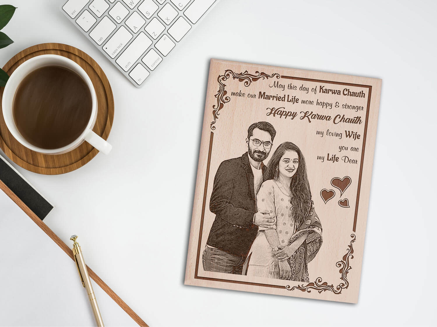 Customized Engraved Wooden Photo Frame Karwachauth Gift for Dearest Wife
