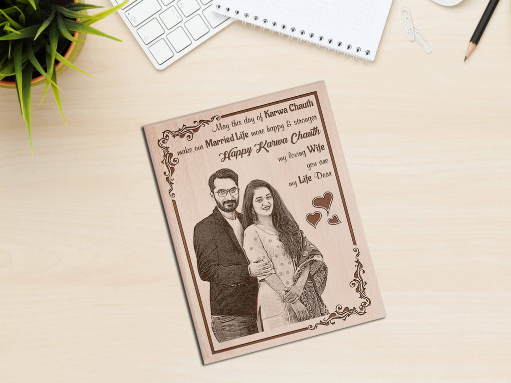 Customized Engraved Wooden Photo Frame Karwachauth Gift for Dearest Wife