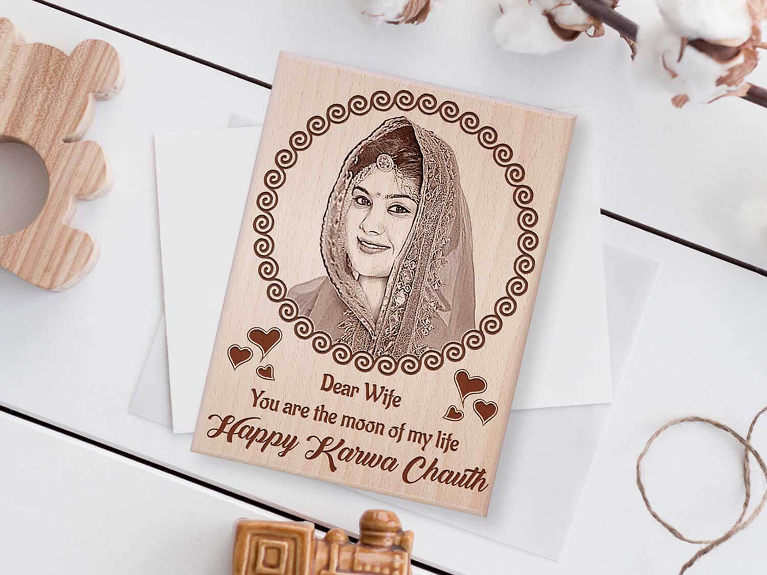 Personalized Engraved Wooden Photo Frame Karwachauth Gift For Wife