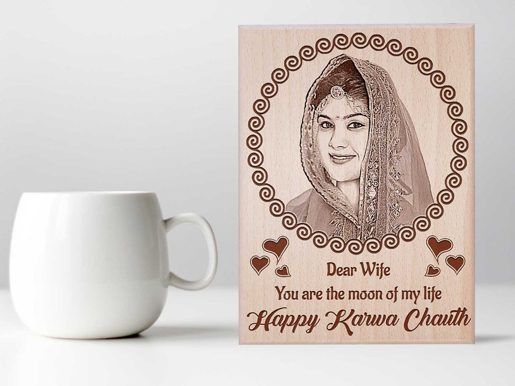 Personalized Engraved Wooden Photo Frame Karwachauth Gift For Wife