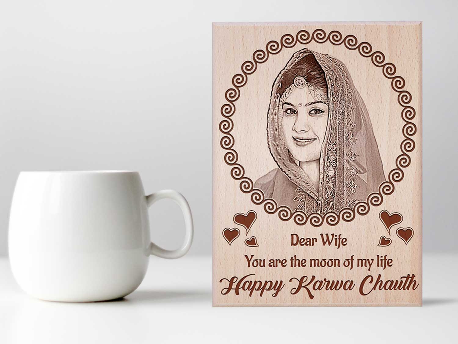 Personalized Engraved Wooden Photo Frame Karwachauth Gift For Wife