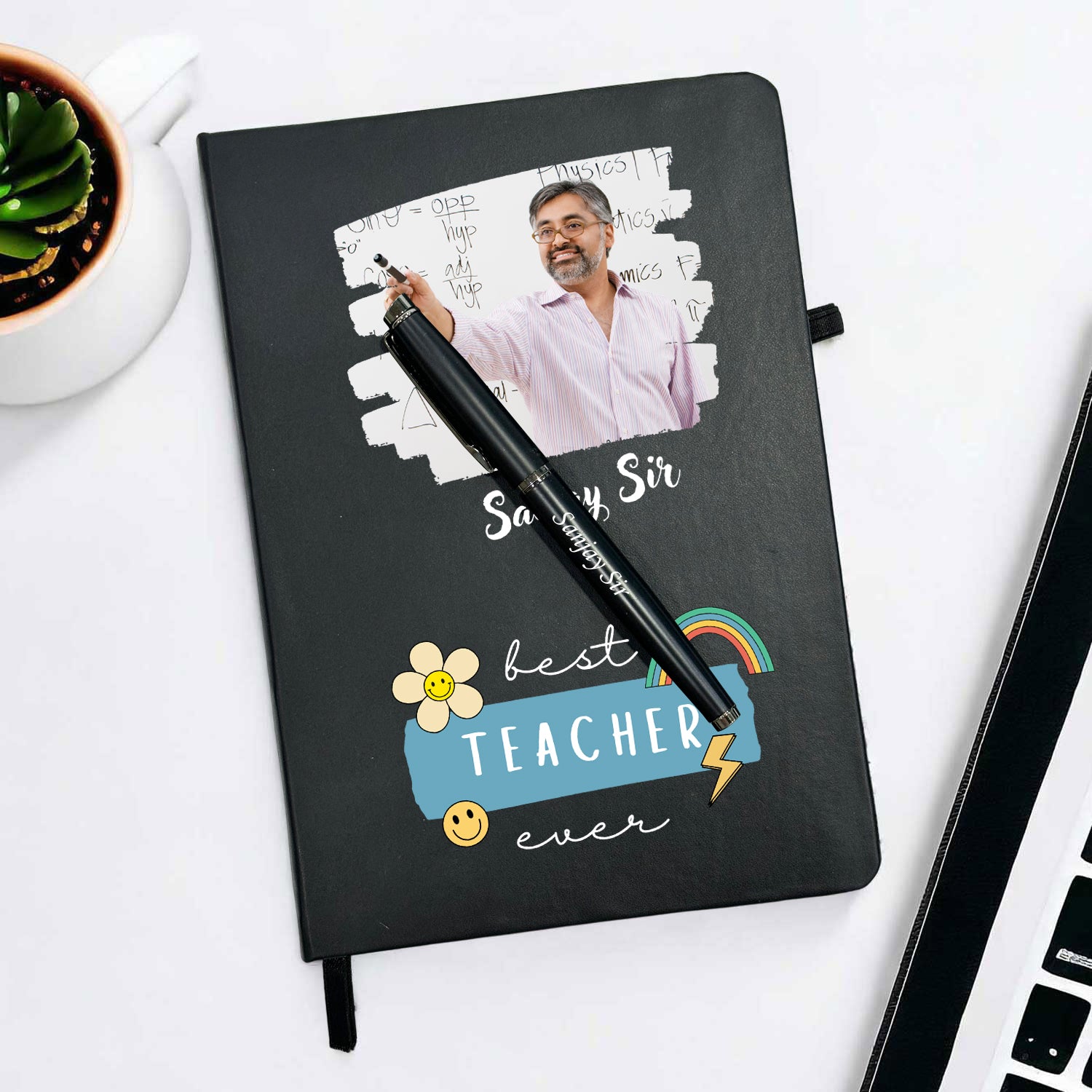Best Teacher Ever Personalized Black Diary With Pen Gift Set For Male Teacher