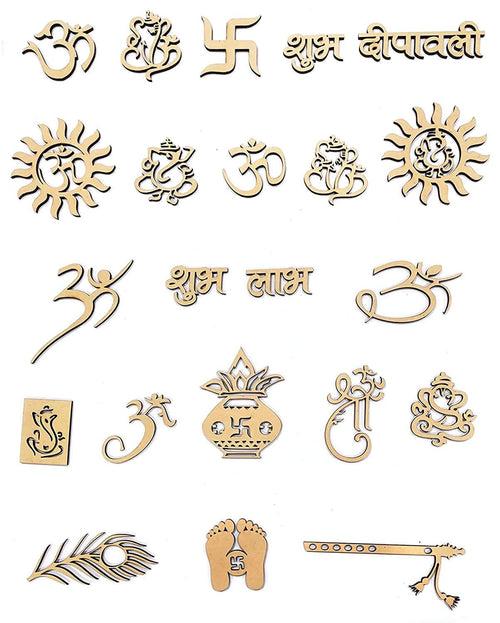 DIY Craft and Art Material Wood Laser Cut Symbols for Diwali  (Set of 21, Brown)