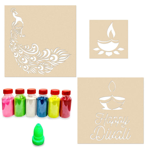 Peacock Happy Diwali Diya Rangoli Stencils for Floor (Set of 3 Stencil, 6 Colors Bottles, 1 Nozzle)