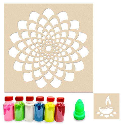 Floral Diya Rangoli Stencils for Diwali Decorations (Set of 2 Stencil, 6 Colors Bottles, 1 Nozzle)