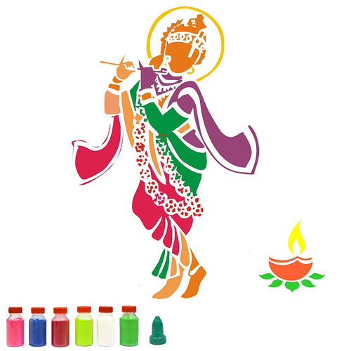 Krishna Diya Rangoli Stencils for Floor (Set of 2 Stencil, 6 Colors Bottles, 1 Nozzle)