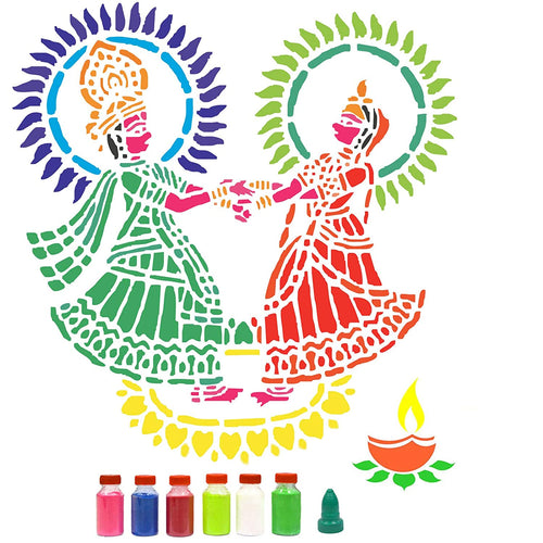 Radha Krishna Diya Rangoli Stencils for Floor (Set of 2 Stencil, 6 Colors Bottles, 1 Nozzle)