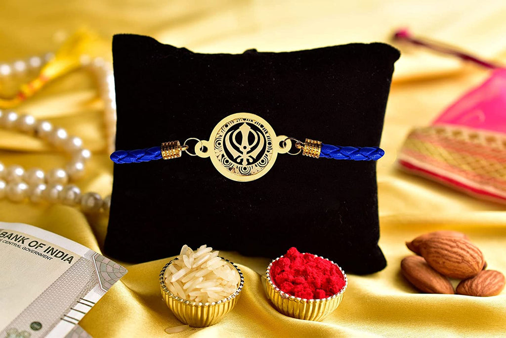 Gold Plated Punjabi Khanda Designer Bracelet Rakhi