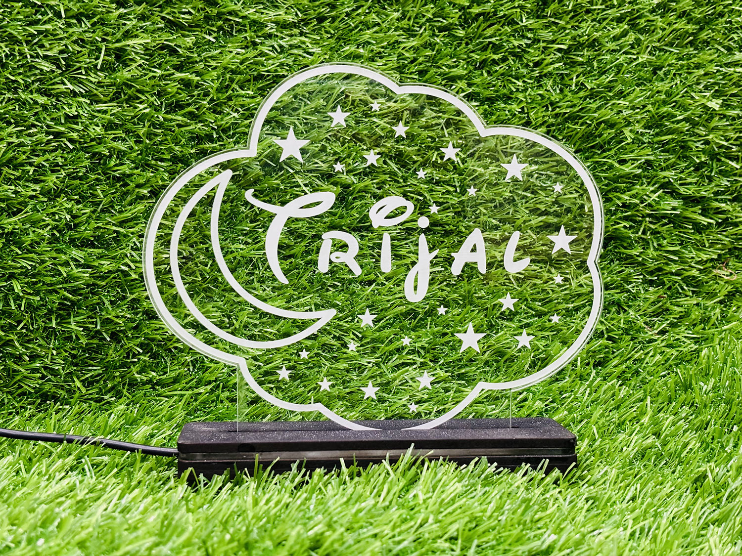 Personalized LED Name Lamp Moon & Stars with Wood Light Stand