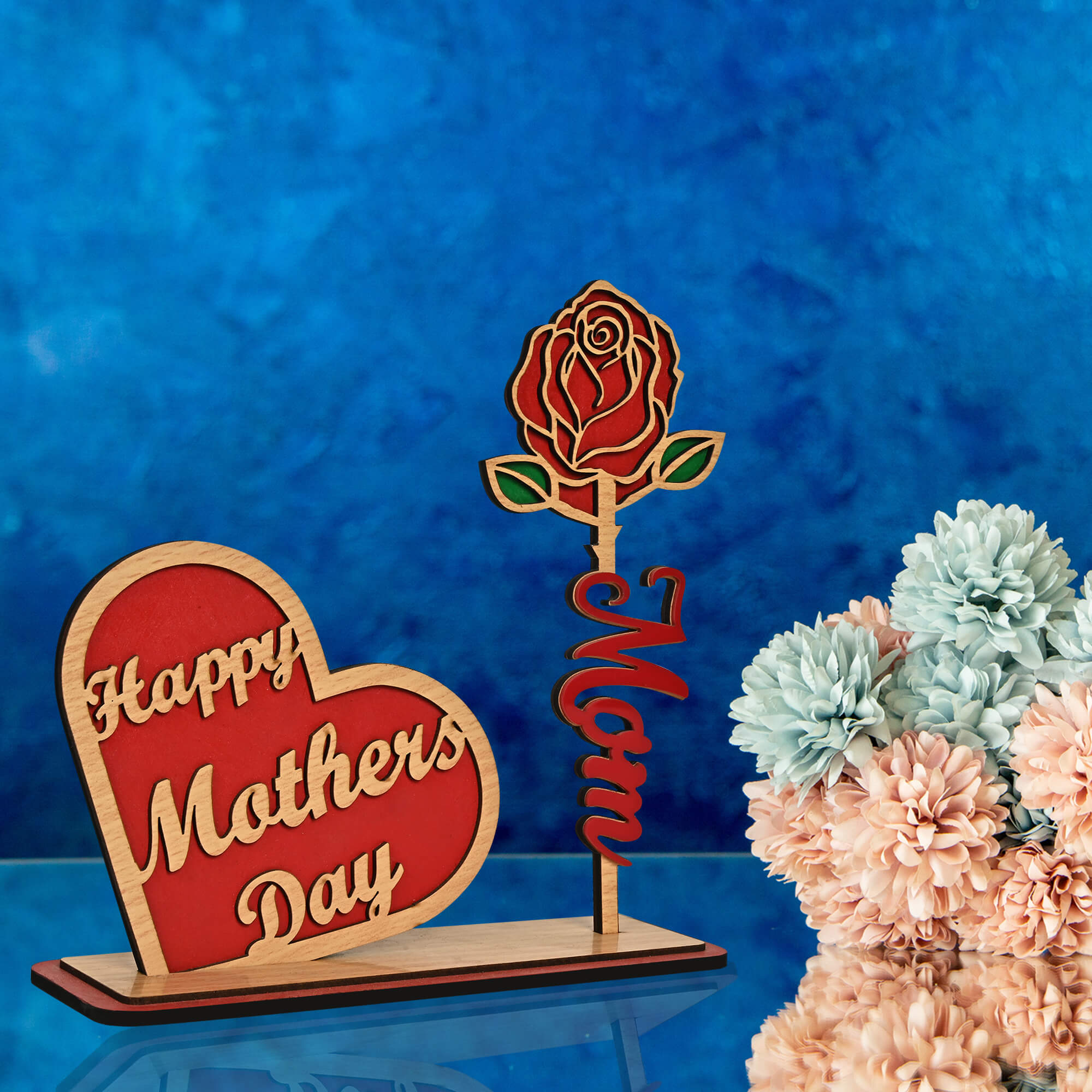 Wooden Mother's Day Rose and Mother Day Heart with Stand Gift For Mom