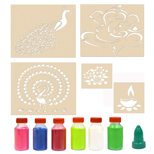 Decorative Rangoli Stencils for Floor 12 inches with 6 Rangoli Powder (Set of 5)